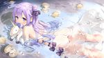  ahoge ass azur_lane bare_shoulders clam covered_mouth dress elbow_gloves gloves hair_ribbon highres in_water long_hair looking_at_viewer lying marmoset_(marmoset0) on_stomach pearl purple_hair ribbon see-through side_bun solo stuffed_unicorn unicorn_(azur_lane) water wet wet_clothes wet_dress white_dress white_gloves 