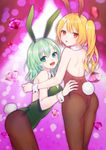  absurdres animal_ears ass back bangs bare_arms bare_shoulders blonde_hair breasts brown_legwear bunny_ears bunnysuit commentary_request detached_collar diamond eyebrows_visible_through_hair flandre_scarlet gem green_eyes green_hair highres komeiji_koishi leaning_forward looking_at_viewer multiple_girls open_mouth pantyhose pink_background red_eyes rnkgmn side_ponytail small_breasts smile standing touhou wrist_cuffs 