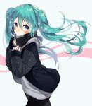  akane_yuki_(yukito0306) aqua_eyes aqua_hair blush breath commentary_request floating_hair hatsune_miku highres long_hair snowflakes solo twintails vocaloid white_background 