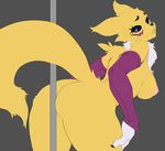  1girl animal_ears black_sclera blue_eyes breasts claws digimon elbow_gloves fox_tail furry galactic_overlord nipples pole pole_dancing renamon tail 