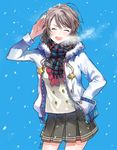  :o ^_^ absurdres artist_name blue_background bow bowtie breath closed_eyes cowboy_shot double-breasted drawstring fur-trimmed_jacket fur_trim grey_hair hand_in_pocket highres hyugo jacket long_sleeves love_live! love_live!_sunshine!! open_mouth plaid plaid_scarf pleated_skirt red_neckwear salute scarf school_uniform serafuku short_hair skirt smile snow_on_head snowflakes snowing solo star uranohoshi_school_uniform watanabe_you 