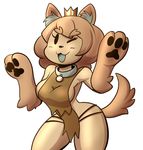  anaugi anthro big_breasts big_butt bottomless breasts brown_fur brown_hair butt canine clothed clothing collar crown cute digital_media_(artwork) dog dog_princess female fur hair hi_res looking_at_viewer mammal open_mouth pawpads paws princess royalty side_boob simple_background solo thick_thighs tongue towergirls white_background wide_hips 