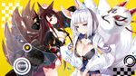  akagi_(azur_lane) animal_ears arm_up azur_lane bangs black_kimono blue_eyes blue_skirt blurry blurry_foreground breasts brown_hair cleavage commentary_request depth_of_field eyebrows_visible_through_hair fox_ears fox_girl fox_mask fox_tail highres itotin japanese_clothes kaga_(azur_lane) kimono kitsune kyuubi large_breasts long_hair long_sleeves looking_at_viewer mask mask_removed multiple_girls multiple_tails parted_lips pleated_skirt red_eyes red_skirt silver_hair skirt smile tail very_long_hair white_kimono wide_sleeves 