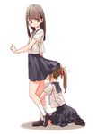  black_eyes black_hair brown_hair commentary_request female_pervert head_under_skirt loafers long_hair multiple_girls nagisa_honoka original panties pervert pleated_skirt ponytail school_uniform serafuku shoes skirt socks underwear white_legwear yuri 