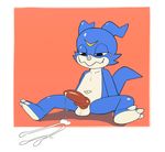  after_orgasm anonanim anthro blue_skin claws cum digimon erection fangs half-closed_eyes knot male navel orange_background simple_background sitting smile solo toony veemon young 