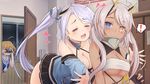  3girls :q =_= ahoge azur_lane bare_shoulders blue_eyes blush breasts camera cleavage closed_eyes commentary dark_skin glint gloves gridley_(azur_lane) headgear heart heart_ahoge heterochromia highres imminent_hug indianapolis_(azur_lane) lavender_hair long_hair medium_breasts miniskirt multiple_girls open_door open_mouth outstretched_arms partly_fingerless_gloves pink_hair pleated_skirt portland_(azur_lane) side_ponytail skirt spoken_exclamation_mark strapless suzuki_puramo taking_picture tongue tongue_out tsurime tubetop twintails underboob very_long_hair window yellow_eyes |d 