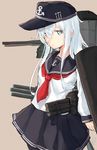  black_hat black_legwear black_sailor_collar black_skirt blue_eyes brown_background flat_cap hair_between_eyes hat hibiki_(kantai_collection) kantai_collection long_hair long_sleeves neckerchief pantyhose pleated_skirt poco_(backboa) red_neckwear rigging sailor_collar school_uniform serafuku signature silver_hair simple_background skirt solo torpedo_tubes turret 