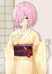  absurdres blush fate/grand_order fate_(series) hair_over_one_eye highres japanese_clothes jewelry kimono looking_at_viewer mash_kyrielight obi pink_hair purple_eyes ring saku_(kudrove) sash short_hair sliding_doors solo wedding_band wide_sleeves yellow_kimono 