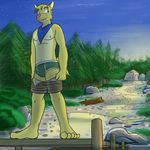  adam_(fuze) adam_caro bandanna barefoot briefs clothed clothing fuze grass green_underwear lake nipples outside pants_pull pier rock seaside shorts star story story_in_description topless tree underwear undressing 