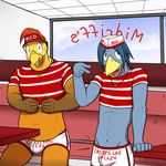  avian bird bluebird bulge chicken clothing duo english_text fast_food fuze hat inside jewelry johnnie_(fuze) josh_oliver male necklace restaurant striped_shirt swimming_trunks swimsuit text white_hat white_pants 