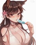  animal_ears atago_(azur_lane) azur_lane bikini_top blush breasts brown_eyes brown_hair cleavage commentary_request extra_ears eyebrows_visible_through_hair flower food hair_flower hair_ornament large_breasts long_hair looking_at_viewer mole mole_under_eye popsicle simple_background solo spirit_(624793092) upper_body white_background white_bikini_top 