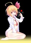  ahoge barefoot between_breasts between_legs black_background blonde_hair blush breasts cum cum_string dress_shirt fang full_body gradient gradient_background hair_ribbon hand_between_legs hand_up heart highres long_sleeves looking_at_viewer medium_breasts naked_shirt navel necktie necktie_between_breasts open_clothes open_mouth open_shirt red_eyes red_neckwear red_ribbon ribbon rumia rurisakura seiza shirt sitting smile solo touhou white_shirt yellow_background 