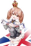  :d anchor_symbol azur_lane bow_legwear brown_hair commentary_request cosplay covered_navel crown detached_collar detached_sleeves fang flat_chest glove_bow gloves kantai_collection kirigakure_(kirigakure_tantei_jimusho) long_hair looking_at_viewer mini_crown open_mouth queen_elizabeth_(azur_lane) queen_elizabeth_(azur_lane)_(cosplay) ryuujou_(kantai_collection) smile solo strapless thighhighs twintails union_jack white_background white_gloves white_legwear yellow_eyes zettai_ryouiki 