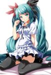  absurdres aqua_eyes aqua_hair aqua_nails arm_behind_back bed_sheet black_legwear black_neckwear black_ribbon blush breasts closed_mouth dress eyebrows_visible_through_hair feathers feet_out_of_frame hair_feathers hair_ribbon hatsune_miku highres layered_dress long_hair looking_at_viewer nail_polish neckerchief project_diva_(series) ribbon shiny shiny_hair short_sleeves simple_background sitting small_breasts smile solo thighhighs tsukishiro_saika twintails very_long_hair vocaloid white_background white_dress world_is_mine_(vocaloid) 
