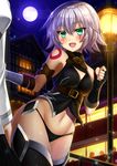  :d armpits backlighting bangs bare_shoulders black_gloves black_legwear black_panties black_vest blush breasts buckle building chaldea_uniform cleavage cleavage_cutout colored_eyelashes cowboy_shot elbow_gloves eyebrows_visible_through_hair facial_scar fate/apocrypha fate/grand_order fate_(series) fingerless_gloves fujimaru_ritsuka_(female) full_moon gloves green_eyes house jack_the_ripper_(fate/apocrypha) lamppost long_sleeves looking_to_the_side moon navel night night_sky no_pants open_mouth out_of_frame outdoors panties scar scar_across_eye shibata_rai short_hair shoulder_tattoo silhouette silver_hair single_elbow_glove single_fingerless_glove sky sleeveless small_breasts smile solo_focus sparkle standing stomach tattoo thighhighs thighs tsurime underbust underwear vest 