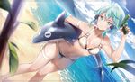  beach black_bikini_bottom black_ribbon blue_eyes blue_hair blue_sky breasts cleavage cloud collarbone day dsmile dutch_angle gun hair_between_eyes hair_ornament hairclip holding holding_gun holding_weapon navel ocean outdoors parted_lips ribbon shiny shiny_skin short_hair_with_long_locks sidelocks sinon sky small_breasts solo standing sword_art_online thigh_strap water_gun weapon white_bikini_top 