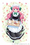  :d apron black_footwear black_shirt black_skirt blue_eyes blurry blurry_foreground blush bow bowtie cup depth_of_field eyebrows_visible_through_hair food full_body glass gothic_wa_mahou_otome green_neckwear green_ribbon hair_ribbon highres holding holding_tray jenevan juliet_sleeves long_hair long_sleeves looking_at_viewer maid maid_apron maid_cap official_art open_mouth pastry petals pink_hair puffy_sleeves ribbon shirt shoes simple_background skirt smile socks solo teacup tray watermark white_background white_legwear 