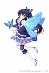  bangs bare_shoulders black_hair blue_dress blue_eyes blush boots butterfly_hair_ornament closed_mouth detached_sleeves dress eyebrows_visible_through_hair fairy_wings floating frilled_dress frills from_side full_body gothic_wa_mahou_otome hair_ornament hand_up high_heel_boots high_heels highres holding index_finger_raised jenevan long_hair looking_at_viewer looking_to_the_side official_art ponytail simple_background solo thighhighs wand watermark white_background white_footwear white_legwear wings 
