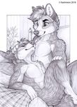  2018 anthro canine digital_media_(artwork) dog duo greyscale kashmere male mammal monochrome nude smile 