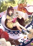  absurdres blush braid brown_eyes brown_hair candy chocolate_bar coffee coffee_mug creamer_(vessel) crown cup food from_above fruit fukahire_(ruinon) half_updo head_tilt highres holding honey in_container in_cup jar konpeitou long_hair looking_at_viewer marshmallow mini_crown minigirl mug original pitcher scan shirt short_sleeves skirt smile solo spoon strawberry sugar_cube yellow_shirt yellow_skirt 