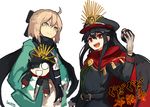  :d ahoge black_cape black_hair black_jacket black_ribbon black_scarf blue_jacket cape character_doll closed_mouth fate_(series) hair_between_eyes hair_ribbon hand_up hat holding jacket koha-ace lansane long_hair long_sleeves multiple_girls oda_nobunaga_(fate) okita_souji_(fate) okita_souji_(fate)_(all) open_mouth peaked_cap pink_hair red_eyes ribbon scarf short_hair signature simple_background smile white_background yellow_eyes 