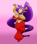  2018 absurd_res ber00 big_breasts blue_eyes breasts clothed clothing ear_piercing female genie gradient_background hair hi_res humanoid long_hair looking_at_viewer not_furry on_one_leg piercing pointy_ears purple_hair shantae shantae_(series) simple_background smile solo standing 