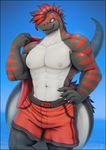  2018 abs anthro biceps black_scales blue_eyes cinis claws clothed clothing dinosaur english_text feathers flexing invalid_tag male muscular muscular_male navel nipples partially_clothed pecs raptor red_feathers red_scales scales sea shorts simple_background smile solo standing teeth text theropod towel vader-san water white_scales 