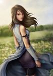  black_hair black_shorts breasts brown_eyes brown_hair closed_mouth commentary dress field final_fantasy final_fantasy_viii flower highres long_hair rinoa_heartilly shorts solo 
