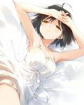  armpits asoka black_hair blush breasts closed_mouth commentary_request dress idolmaster idolmaster_cinderella_girls jewelry large_breasts looking_at_viewer necklace short_hair smile solo takafuji_kako white_dress yellow_eyes 