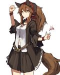  animal_ears black_coat black_skirt breasts brown_hair closed_mouth coat cowboy_shot hair_between_eyes hand_up head_scarf lansane long_hair long_sleeves looking_at_viewer medium_breasts orange_eyes original pleated_skirt signature skirt solo standing tail tsana_(lansane) vest white_vest wolf_ears wolf_tail wristband 