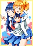  akira_ry0 blue_eyes blue_hair breasts carrying commentary_request double_middle_finger highres long_hair medium_breasts middle_finger multiple_girls open_mouth orange_eyes orange_hair piggyback pipimi poptepipic popuko school_uniform smile 