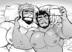  2boys after_sex afterglow alternate_facial_hair bara beard black_hair chef chef_tatsuo_(juggermelon) chest_hair couple dark-skinned_male dark_skin duncan_wijaya_(kokukokuboo) facial_hair from_above greyscale grin hachimaki hand_on_own_neck headband heavy_breathing highres kokukokuboo large_pectorals lying male_focus mature_male monochrome multiple_boys muscular muscular_male mustache navel_hair nipples nude on_back on_bed original pectorals pillow selfie short_hair sideburns smile spiked_hair sweat thick_eyebrows upper_body yaoi 