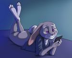  2018 bottomless butt cellphone clothed clothing disney female fur grey_fur holding_object holding_phone judy_hopps lagomorph mammal partially_clothed phone rabbit s1m shirt smile solo zootopia 