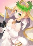  aestus_estus ahoge arched_back ass bare_shoulders belt blush bouncing_breasts braid breasts bridal_veil chain cleavage detached_sleeves eyebrows_visible_through_hair fate/extra fate/extra_ccc fate_(series) from_side gloves green_eyes hair_intakes hair_ribbon head_wreath large_breasts leotard lock long_sleeves moorina nero_claudius_(bride)_(fate) nero_claudius_(fate)_(all) no_bra padlock puffy_long_sleeves puffy_sleeves ribbon solo strapless strapless_leotard veil white_gloves white_leotard white_ribbon white_sleeves wreath 