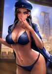  1girl ana_(overwatch) beret bikini black_hair blizzard blue_coat blurry blurry_background breasts cleavage facial_tattoo finger_to_mouth galakushi hat long_hair looking_at_viewer navel overwatch shushing standing swimsuit tattoo 