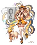  2015 absurdres animal_print ascot bad_id bad_pixiv_id bare_shoulders beret blue_eyes blush_stickers braid breasts brown_hair collared_shirt dated detached_collar dog dog_print full_body hat head_tilt headphones high-waist_skirt highres kim_eul_bong long_hair looking_at_viewer medium_breasts number o_o open_mouth orange_hat original ribbon shirt skirt speaker standing striped striped_ribbon thighhighs twin_braids twintails very_long_hair white_background white_legwear wing_collar wrist_cuffs 