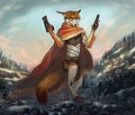  2017 4_toes anthro canine clothed clothing day detailed_background digital_media_(artwork) digitigrade fox gun holding_object holding_weapon male mammal outside ranged_weapon solo standing tatchit toes weapon yellow_eyes 