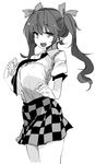 bangs breasts checkered checkered_skirt cowboy_shot eyebrows_visible_through_hair fang greyscale hair_ribbon himekaidou_hatate kamukamu_(ars) large_breasts long_hair looking_at_viewer miniskirt monochrome necktie open_mouth pointy_ears puffy_short_sleeves puffy_sleeves ribbon short_sleeves simple_background sketch skirt smile solo standing touhou twintails white_background 