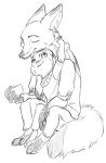  black_and_white canine disney female fox hi_res hug iji judy_hopps lagomorph line_art male mammal monochrome nick_wilde rabbit simple_background white_background zootopia 