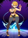  1girl ;d black_legwear blonde_hair blue_eyes breasts cleavage dress earplugs full_body headphone highheels highres hips kamitsure_(pokemon) large_breasts looking_at_viewer mystical navel navel_cutout one_eye_closed pantyhose parted_lips poke_ball pokemon pokemon_(game) pokemon_bw short_hair sideboob smile solo standing underboob wide_hips 