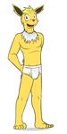  barefoot blush briefs bulge clothed clothing eeveelution fuze jolteon male nintendo open_mouth pok&eacute;mon pok&eacute;mon_(species) simple_background tighty_whities topless underwear video_games white_background white_underwear 