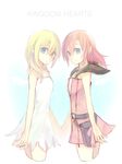  blonde_hair blue_eyes breasts closed_mouth commentary_request dress kairi_(kingdom_hearts) kingdom_hearts kingdom_hearts_ii long_hair multiple_girls namine smile suzushiro_haru white_dress 