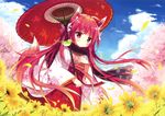  absurdres animal animal_ears animal_on_shoulder bird bird_on_shoulder cherry_blossoms eyebrows_visible_through_hair field floating_hair floral_print flower flower_field fox_ears fox_tail from_below hair_ribbon hakama highres holding holding_umbrella japanese_clothes long_hair oriental_umbrella original outdoors petals red_eyes red_hair red_hakama red_umbrella ribbon shiromochi_sakura solo tail tree umbrella very_long_hair white_ribbon yellow_flower 