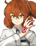  ahoge artist_name bangs chaldea_uniform command_spell crossed_bangs fate/grand_order fate_(series) fujimaru_ritsuka_(female) grey_jacket hair_between_eyes hair_ornament hair_scrunchie hand_up jacket lansane long_sleeves looking_at_viewer one_side_up orange_eyes orange_hair orange_scrunchie scrunchie signature simple_background smile solo uniform upper_body white_background wing_collar 