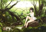  absurdres aoyama_sumika black_hair bottomless breasts brown_eyes cleavage coffee-kizoku collarbone day fish forest highres medium_breasts nature original outdoors shirt short_hair sitting sleeveless sleeveless_shirt solo white_shirt 