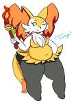  2018 anthro big_breasts braixen breasts cosmicscourge eating featureless_breasts featureless_crotch female food fur navel nintendo overweight pok&eacute;mon pok&eacute;mon_(species) pok&eacute;morph pokepuff slightly_chubby solo thick_thighs video_games wide_hips 