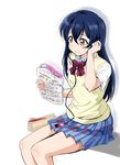  bangs blue_hair blush book bow bowtie cable closed_mouth commentary_request digital_media_player earbuds earphones eyebrows_visible_through_hair hair_between_eyes highres holding holding_book long_hair love_live! love_live!_school_idol_project open_book otonokizaka_school_uniform plaid plaid_skirt pleated_skirt reading red_neckwear school_uniform shirt shogo_(4274732) short_sleeves simple_background sitting skirt solo sonoda_umi striped striped_neckwear vest white_background white_shirt yellow_eyes 