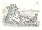  anthro arcr-cric breasts feathers feline female fur grass jaguar jewelry mammal monochrome navel necklace nipples nude outside pussy reclining solo spots spotted_fur tree 