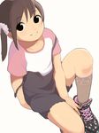  1girl black_eyes brown_hair female grin kaijarisuigyo looking_at_viewer original overalls simple_background smile socks solo strap_slip white_background 