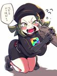  blush breasts cabbie_hat check_translation cheek_pinching commentary dress full_body gloves green_eyes green_hair hat kneeling large_breasts looking_at_viewer male_hand open_mouth pinching pokemon pokemon_(game) pokemon_usum sakurai_energy speech_bubble team_rainbow_rocket_grunt team_rainbow_rocket_uniform team_rocket tears text_focus translation_request wavy_mouth 